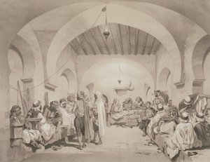 Cafe du Divan, Algiers, uit een volume ter herdenking van het Franse expeditieleger dat Algiers in 1830 veroverde, gegraveerd door Adolphe Jean-Baptiste Bayot door Eugene Flandin