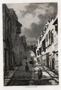 De rue des chevaliers, in Rhodos, tekening door Eugene Flandin, ter illustratie van zijn reis naar het eiland Rhodos in 1844. Gravure in "Le tour du monde", uitgegeven door Edouard Charton door Eugene Flandin