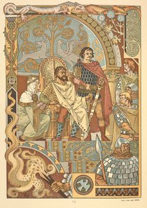 Een koning op zijn troon, in de rechtbank. door Eugene Grasset