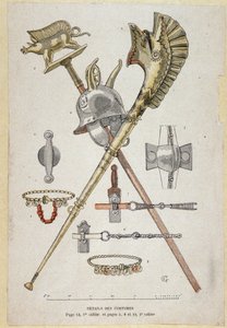 Accessoires van de Gallische krijger: banier die een saglier siert, de helm en de oorlogshoorn (carnyx) - in 