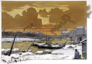 Parijs, schuiten onder de sneeuw bij de Pont de Sully, ca. 1905