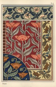 De papaver, Papaver somniferum, in glas-in-lood, behang, stof en tegelpatronen. Lithografie door Marc Mangin