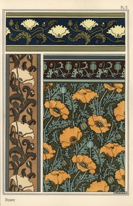 De papaver, Papaver somniferum, in behang- en stofpatronen door Eugene Grasset