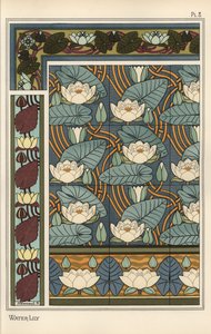 De waterlelie, Nelumbo lutea, in behang- en tegelpatronen door Eugene Grasset