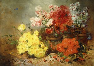 Madeliefjes, begonia en andere bloemen in potten door Eugene Henri Cauchois