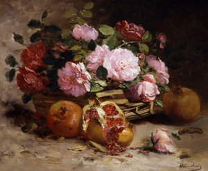 Stilleven van rozen en granaatappels. Schilderij van Eugene Henri Cauchois (1850-1911) Privécollectie. door Eugene Henri Cauchois
