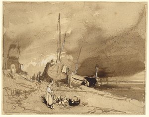 Bord de Plage (Vissersboten op een strand, stormwolken in de verte) door Eugene Isabey