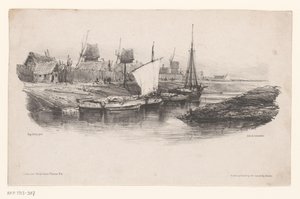 Haven met boten en windmolens door Eugene Isabey