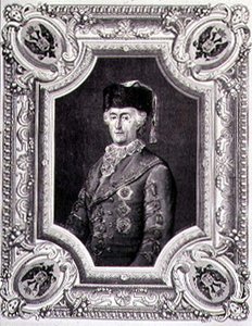Portret van Catharina II de Grote in reisgewaad, gegraveerd door Stephane Pannemaker