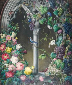 Trossen rozen, Ipomoea en druivenranken, rond een arcade in een fantasierijke gotische stijl, twee vogels, soort onbekend, en een tijgermot