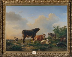Een Stier, een Koe, een Ezel, een Geit, Schapen en Pluimvee in een Uitgestrekt Landschap door Eugene Joseph Verboeckhoven