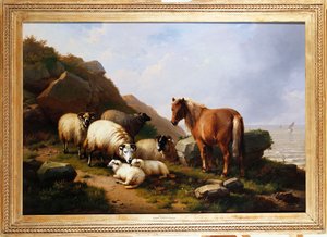 Een pony en schapen op een klif met een zeilschip op de achtergrond, 1868