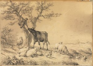 Landschap met dieren en jongen in boom, 1866