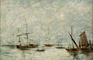 Boten aangemeerd in een haven door Eugene Louis (attr.to) Boudin