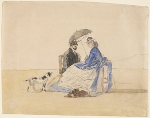 Een stel op het strand met twee honden, ca. 1865