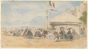 Strandhuis met vlaggen in Trouville, ca. 1865