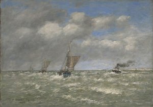 Boten keren terug naar de haven, Trouville door Eugene Louis Boudin