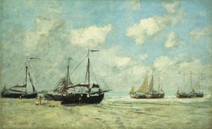 Boten aan de kust bij Scheveningen, 1875