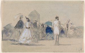 Crinolines op het strand, ca. 1865