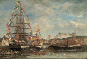 Festival in de Haven van Honfleur door Eugene Louis Boudin