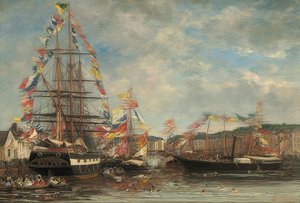 Feestdag in de haven van Honfleur. 1858