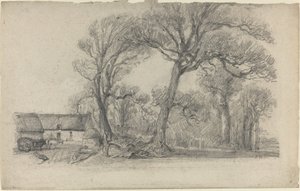 Landschap met bomen, huisje en boerderijwagen