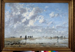 Laag tij in Etaples Schilderij door Eugene Louis Boudin (1824-1898) door Eugene Louis Boudin