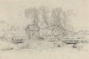 Rivierlandschap met Gebouwen, Boten en Figuren, c. 1858. door Eugene Louis Boudin
