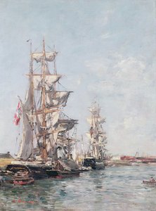 Driemasterboten aan de kade in de haven van Deauville
