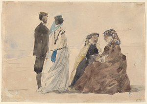 Twee dames zittend en een stel wandelend op het strand, ca. 1866
