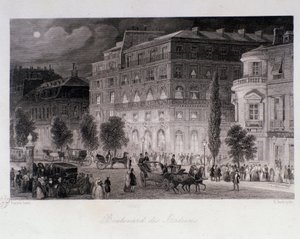 Animatie rond theaters van de boulevard des Italians in Parijs. Gravure door Eugene Louis Lami (1800-1890) 1843 Privécollectie