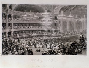 Gemaskerd bal georganiseerd in de Opera van Parijs. Gravure door Eugene Louis Lami (1800-1890) 1843 Privécollectie