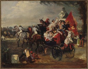 Koets met Mannen en Vrouwen in Kostuum op de Champs-Elysees, 1834 door Eugene Louis Lami