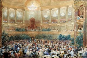 Diner aangeboden door Napoleon III aan koningin Victoria in de operazaal van Versailles op 25 augustus door Eugene Louis Lami