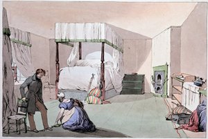 Herberg: een bediende helpt een klant schoenen aan te trekken. Illustratie door Eugene Louis Lami (1800-1890), midden 19e eeuw door Eugene Louis Lami