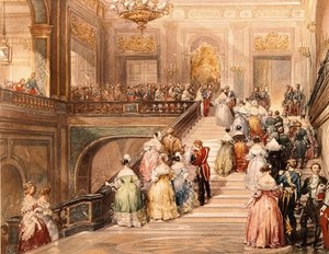 Koning Louis Philippe I (1773 - 1850) en koningin Marie Amélie de Bourbon (1782 - 1866) ontvingen de gasten ter gelegenheid van de opening van het Museum van Versailles in 1837. Illustratie door Eugène Lami (1800 - 1890) door Eugene Louis Lami