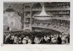 Ovation van een acteur tijdens een voorstelling in het Théâtre des Italiens in Parijs. Gravure door Eugene Louis Lami (1800-1890) 1843 Privécollectie