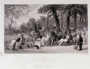 Passagiers en wandelaars op de Champs Elysees in Parijs. Gravure door Eugene Louis Lami (1800-1890) 1841 Privécollectie door Eugene Louis Lami
