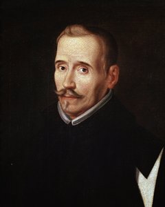 Portret van Felix Lope de Vega y Carpio (1562-1635), Spaanse toneelschrijver en dichter. Anoniem schilderij van de school van Eugenio Caxes, 17e eeuw. Olieverf op doek. (detail)