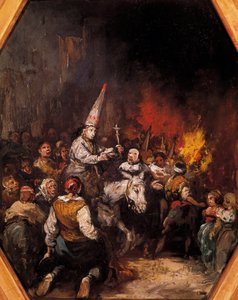 Vervloekten door de Inquisitie. De veroordeelden dragen capirote-hoofdbedekkingen, puntige hoed in de vorm van een kegel. Schilderij door Eugenio Lucas Velazquez (1817-1870), circa 1862. Prado Museum, Madrid