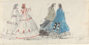 Vier Dames in Crinolines Wandelen in Trouville door Eugène Boudin