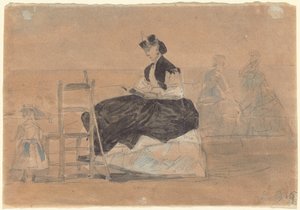 Vrouw in een crinoline op het strand van Trouville