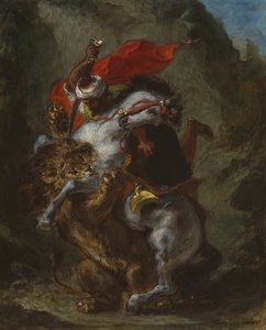 Arabische ruiter aangevallen door een leeuw door Eugène Delacroix