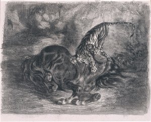 Wilde paard neergehaald door een tijger door Ferdinand Victor Eugene Delacroix