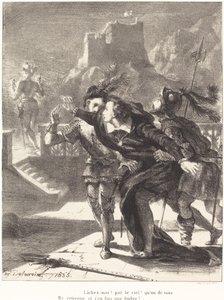 Hamlet wil de geest van zijn vader volgen (Acte I, Scène IV) door Eugène Delacroix