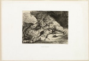 Leeuw die een paard verslindt door Eugène Delacroix