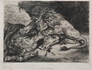 Leeuw die een Paard Verslindt door Eugène Delacroix