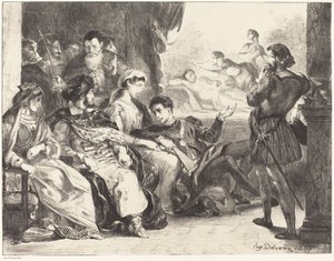 Spelers die het vergiftigen van Hamlets vader uitbeelden Act III, Scène II, 1835 door Eugène Delacroix
