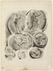 Blad met zeven antieke medailles door Eugène Delacroix