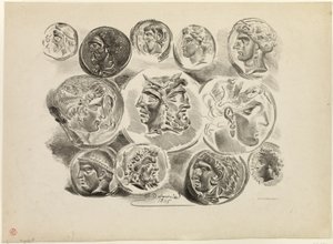Blad met twaalf antieke medailles door Eugène Delacroix